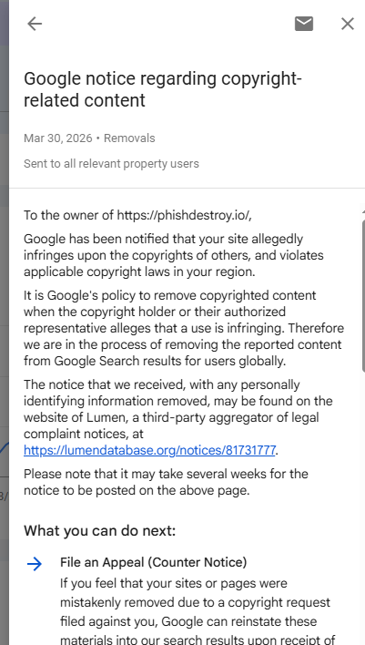 Google notice about fraudulent DMCA copyright complaint against PhishDestroy
