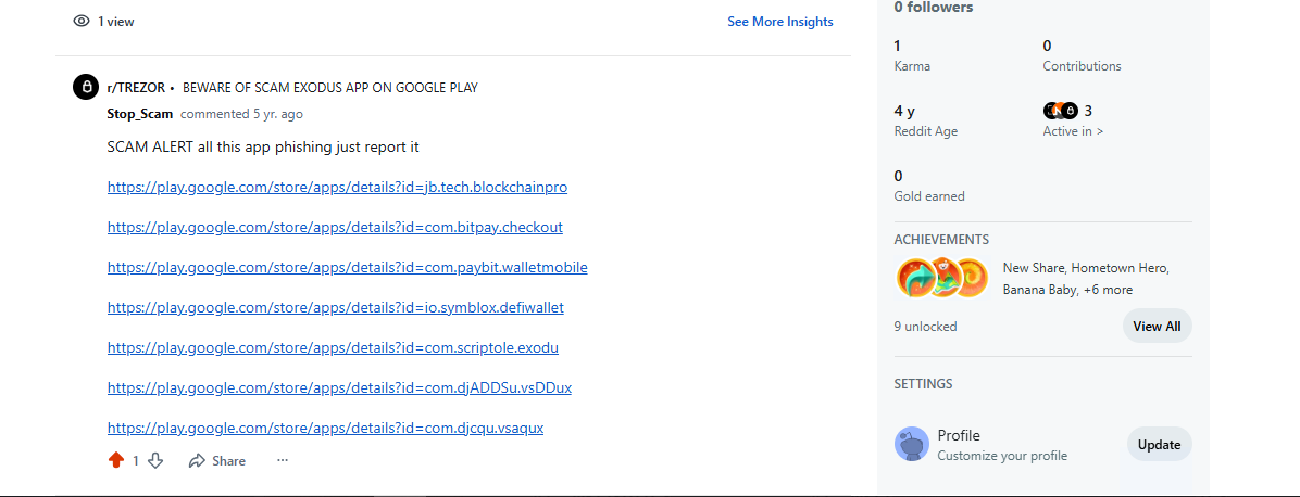 Banned Reddit account showing 1 karma and a 5-year-old anti-scam post