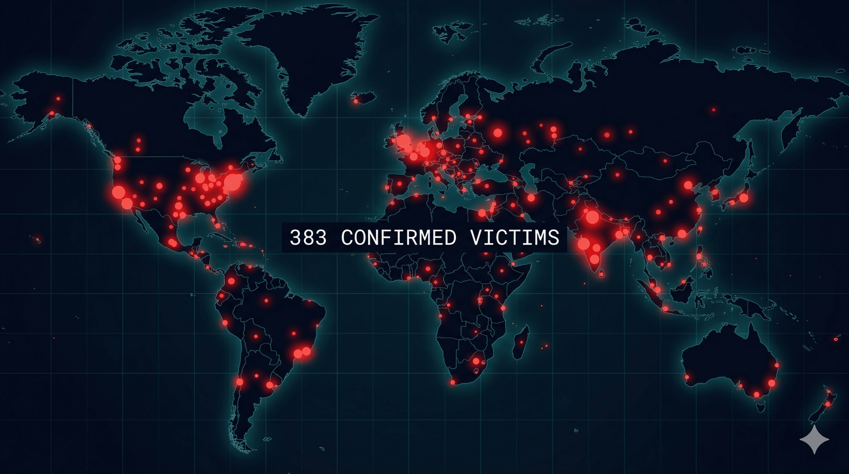 World map showing 383 confirmed gambling scam victims across multiple continents