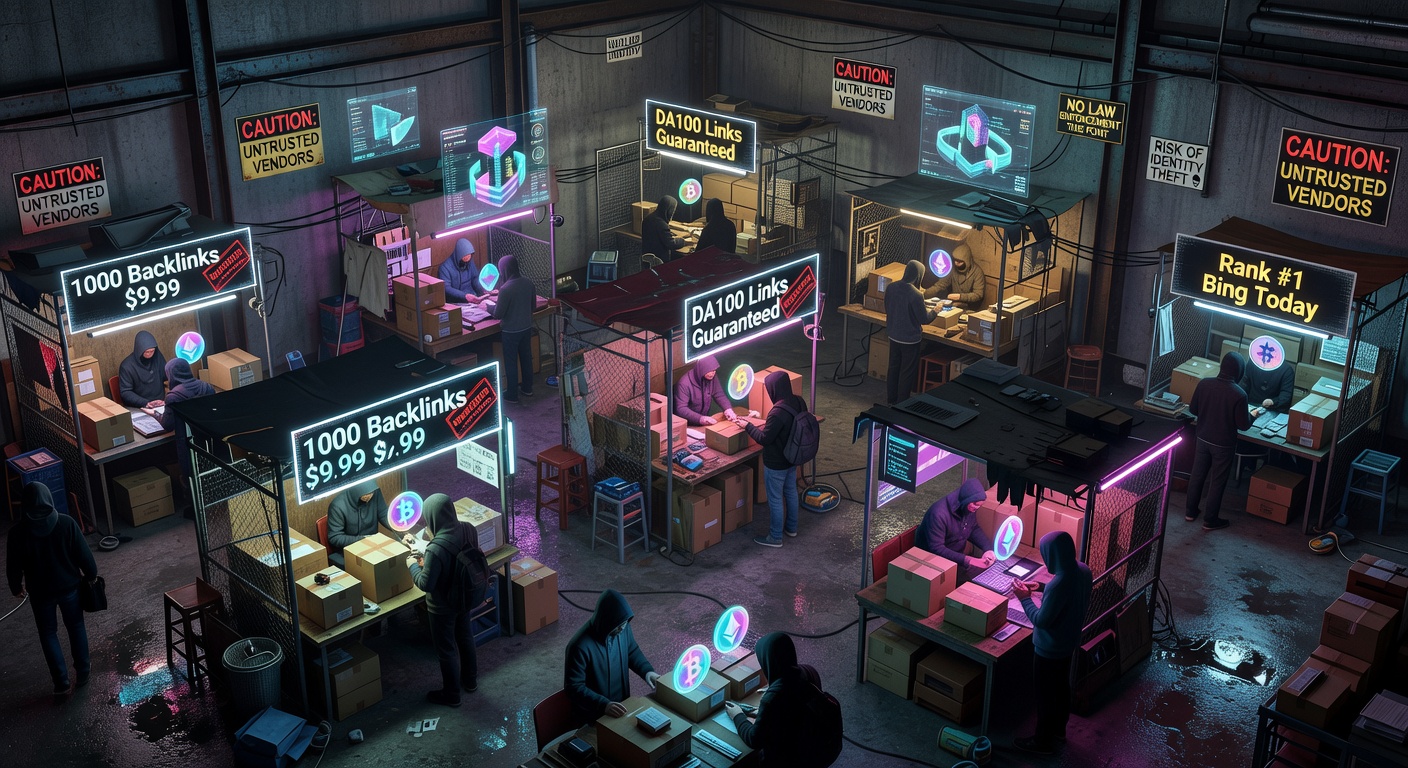 Bargain basement backlink marketplace in cyberpunk style