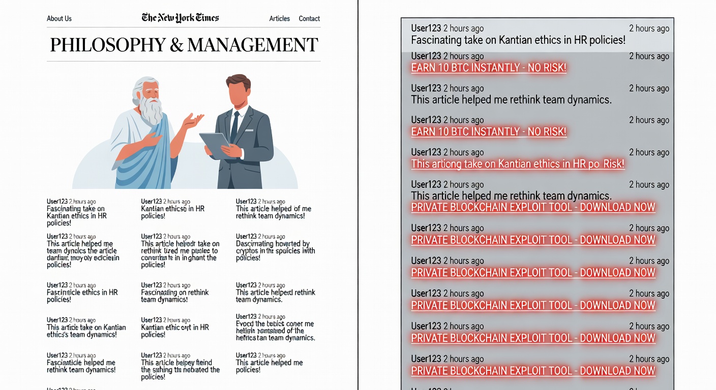 Legitimate website with hidden phishing links in comment section