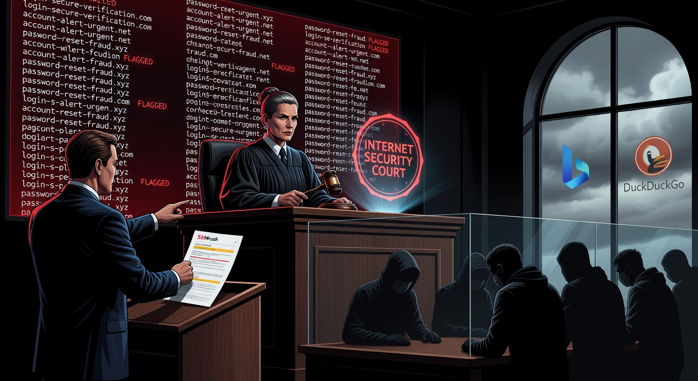 Dramatic courtroom scene — crypto scammers on trial with evidence displayed