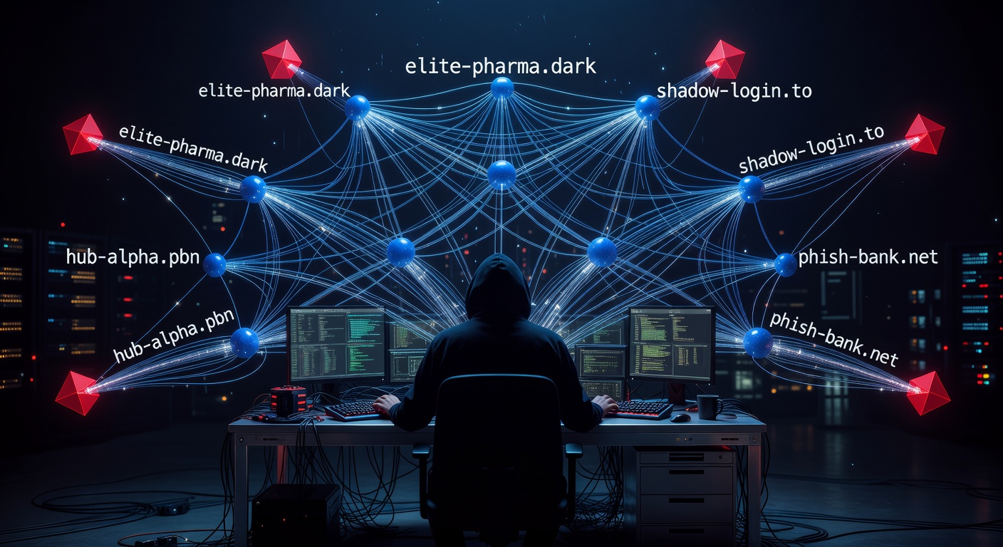 Criminal PBN network visualization — 9 donor domains linking to 5 phishing targets