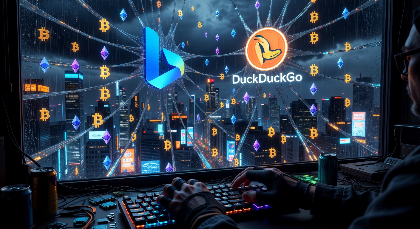 Crypto scammers manipulating Bing and DuckDuckGo search results — cyberpunk visualization