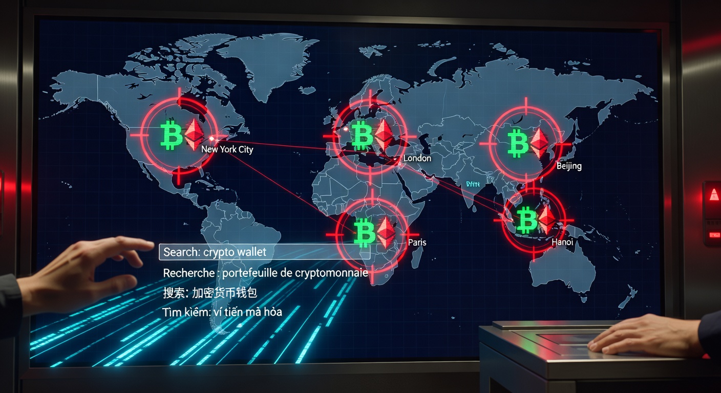 World map showing multilingual keyword targeting by crypto scammers