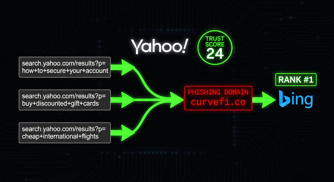 Technical diagram showing Yahoo SERP injection attack flow to Bing rankings