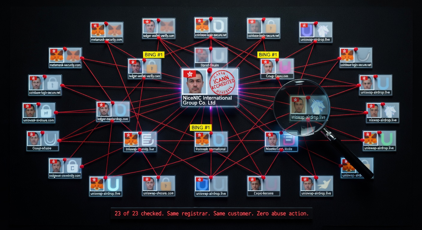 OSINT investigation board showing 23 of 23 domains registered through NiceNIC