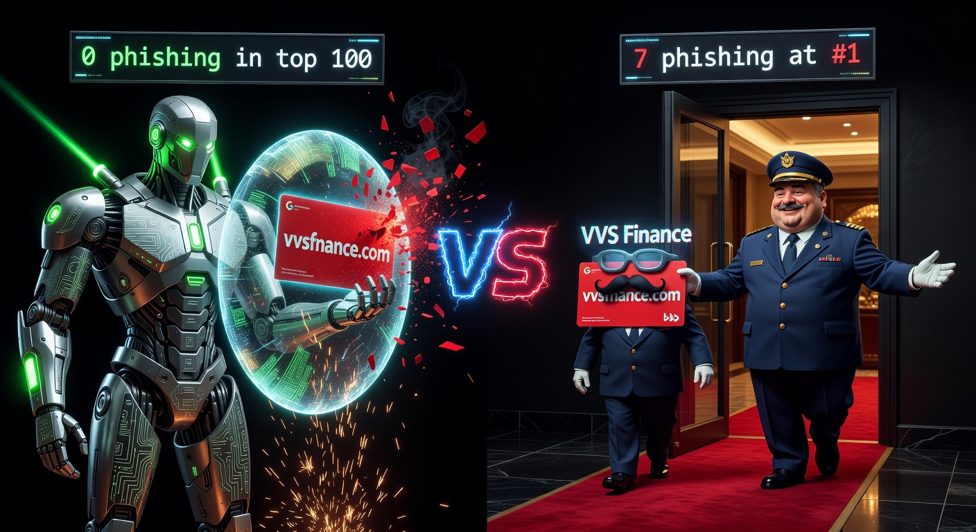 Google's armored robot blocking phishing at the gate vs Bing's friendly doorman holding the door open