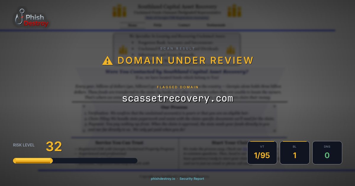 scassetrecovery.com phishing report — threat analysis by PhishDestroy